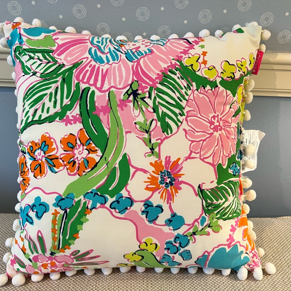 Lilly Pulitzer Green and White Pillow with Pom-Poms